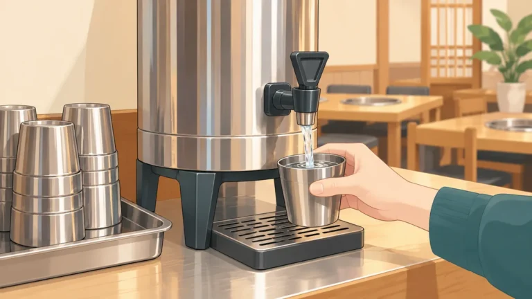韓国の食堂で給水器からステンレスのコップに水を注ぐ様子