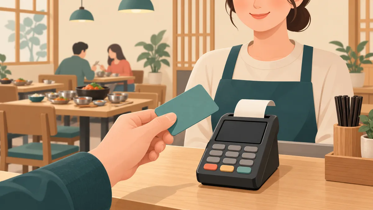 韓国の食堂のレジでカード払いをする様子