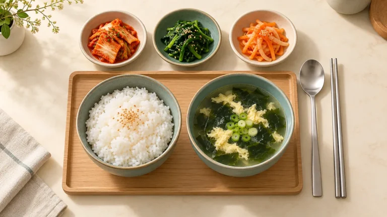 左にご飯、右にスープを置き、その右側にスプーンと金属の箸を縦に並べた韓国の食卓
