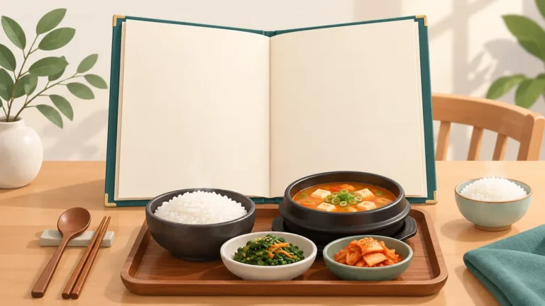 白紙のメニューと韓国料理の定食、追加のご飯