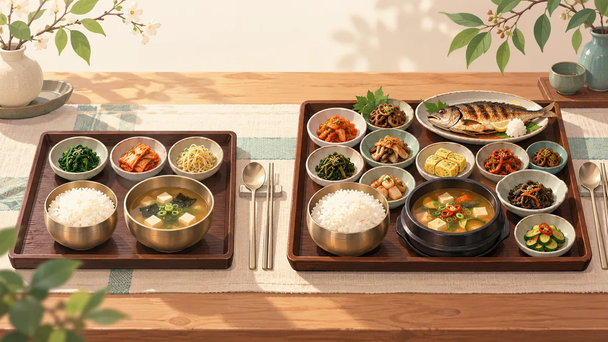 ご飯と汁物に三つの小鉢を添えた定食と、焼き魚や多彩なおかずを添えた定食のイラスト